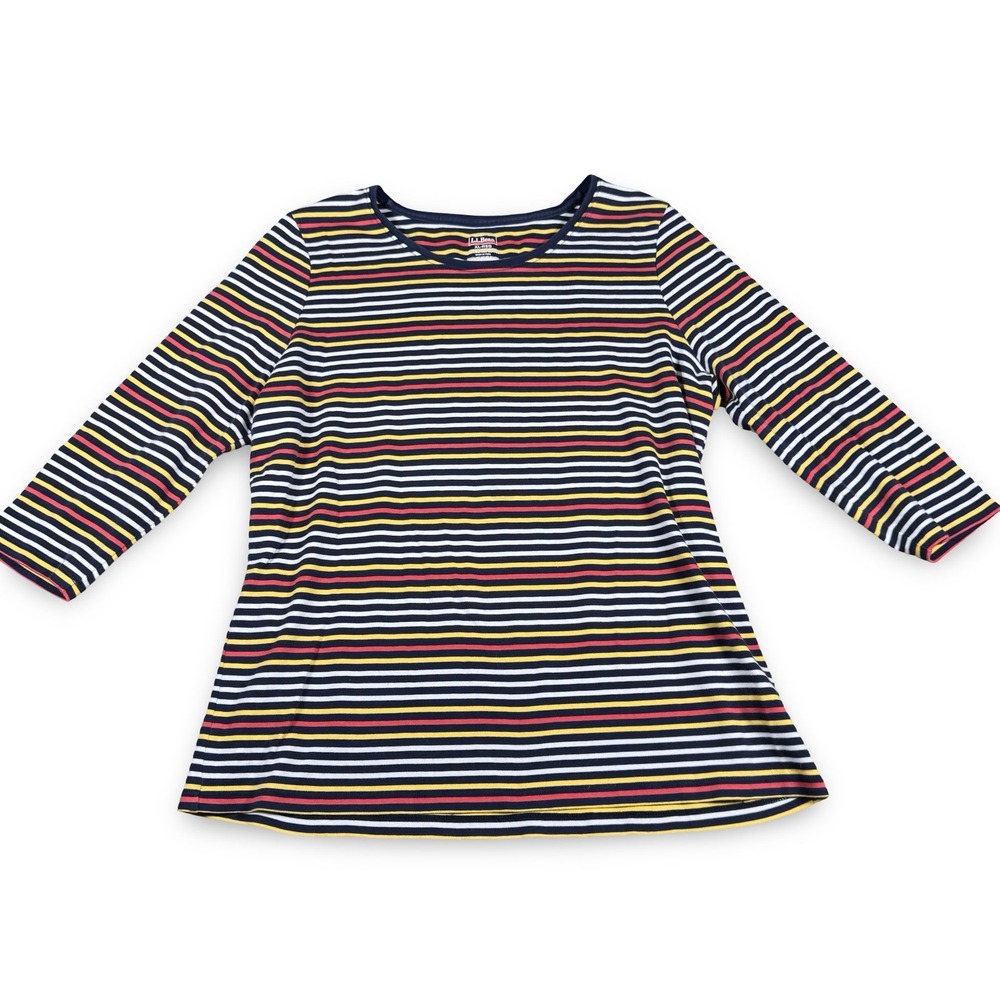 LL Bean Women's XL Reg 100% Supima Cotton Striped 3/4 Sleeve Tee Navy Blue Multi